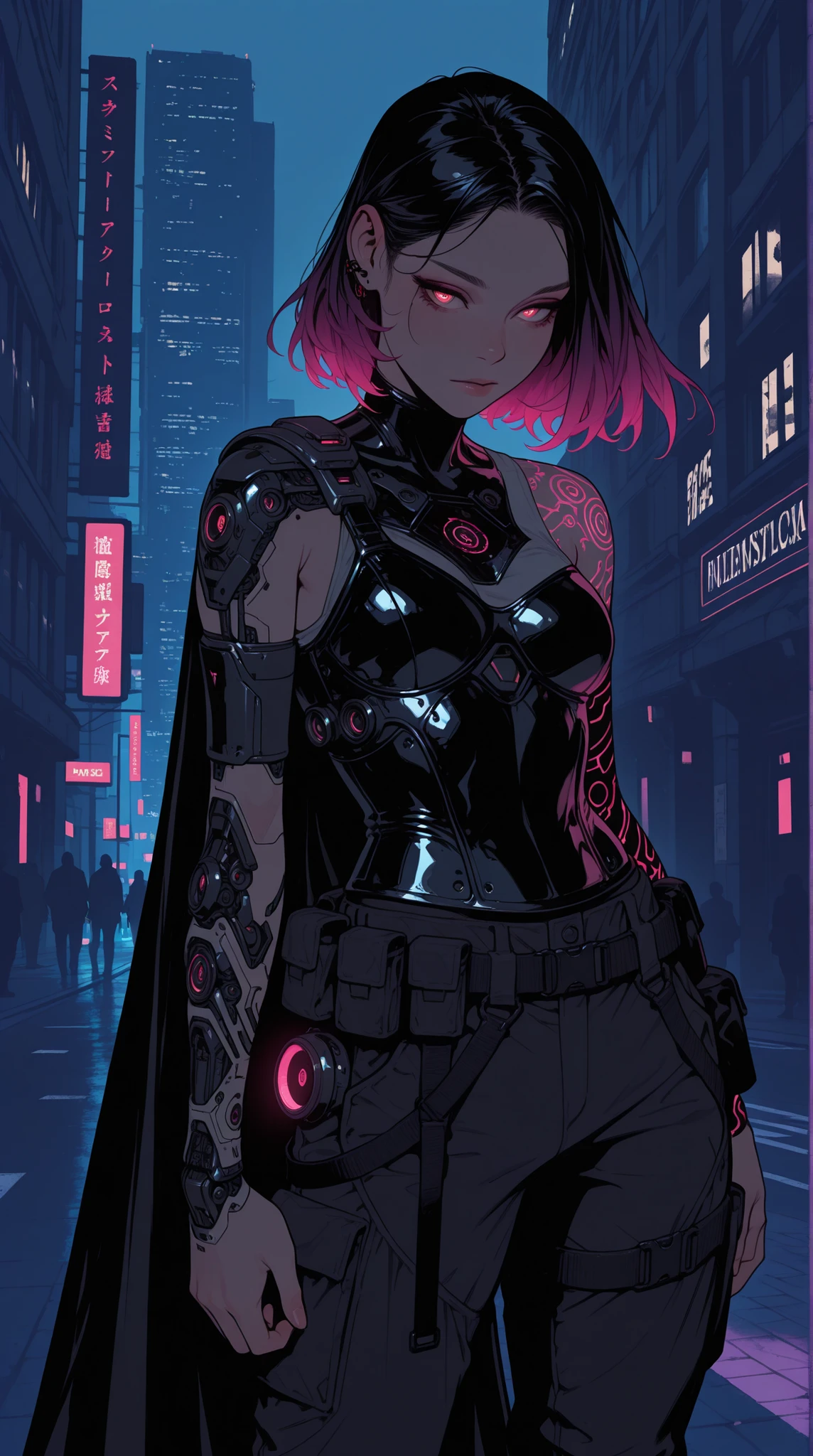 HDR, 8K, high contrast, masterpiece, best quality, amazing quality, very aesthetic, realistic, newest, volumetric lighting, (flat colors:0.7), (artist:incase:0.3), (artist:tsuaii:0.3),Sinozick_illu, HassaKu_illu, masterpiece, best quality, good quality, very aesthetic, absurdres, newest, 8K, depth of field, focused subject, 1 indian girl, standing confidently in a futuristic city plaza, wearing advanced techwear inspired by a saree, one shoulder covered by a flowing asymmetric cape made of dark smart fabric with embedded fiber optic threads glowing subtly, intricate circuit board patterns mimicking traditional borders, fitted armored bodice underneath, high-tech trousers or leggings, modular utility belt, cybernetic henna patterns glowing on one arm, determined expression.