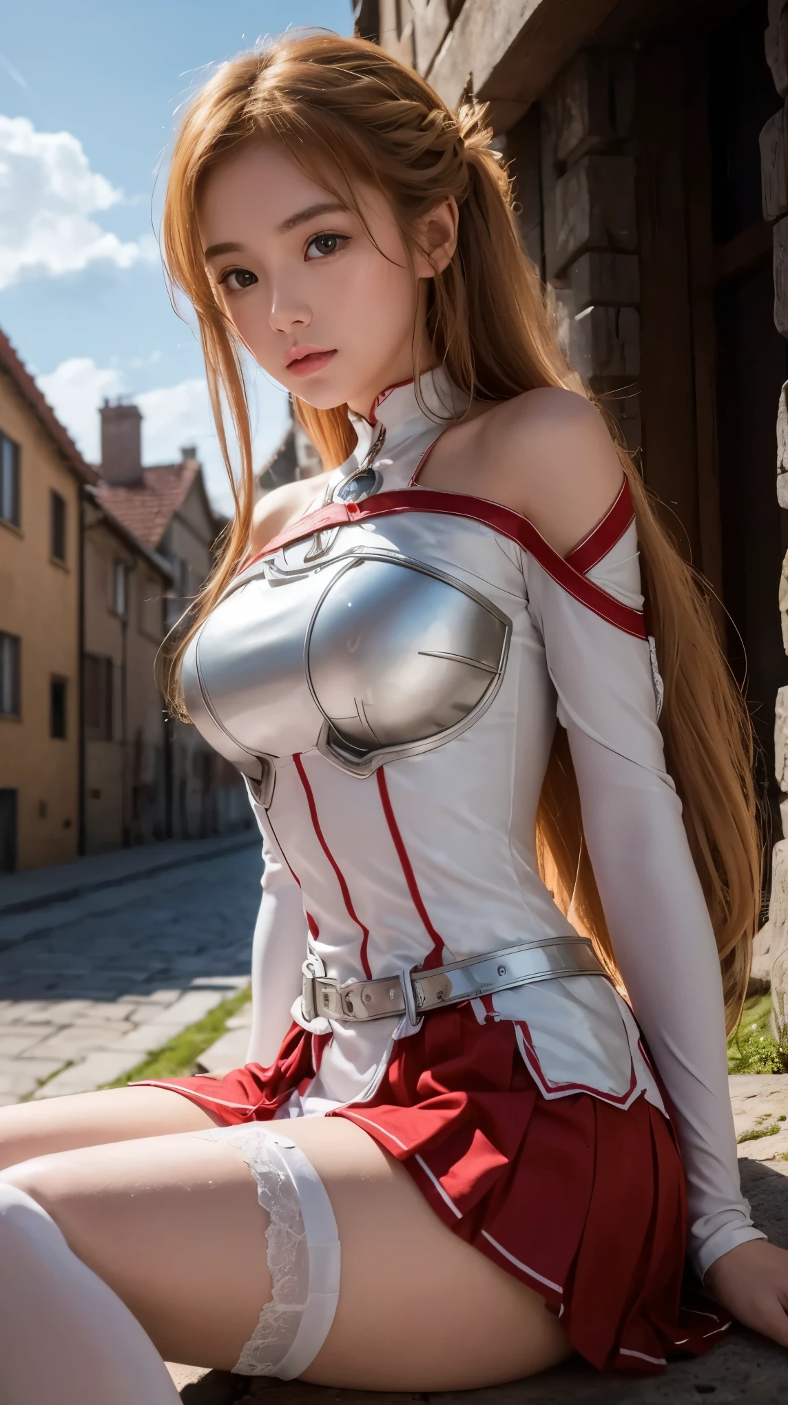 (female warrior: 1.5), (redhead warrior girl: 1.3), 1 girl, solo, pretty girl, young girl, (red hair), (green eyes), thin girl, small breasts, pretty face, slim waist, thin legs , gap between thighs, (knight's armor), (steel breastplate, steel gauntlets, steel gloves: 1.1), (red mini skirt: 1.3), (skirt lifted by itself: 1.1), (skirt lift: 1.3), (showing white panties: 1.3), white panties, tiny panties, (cameltoe: 1.2), frontal, (cowboy shot), medieval fantasy, Dungeons and dragons, RPG character, best quality, (masterpiece), ultra-realistic, 8k, (At SFW:1.7)