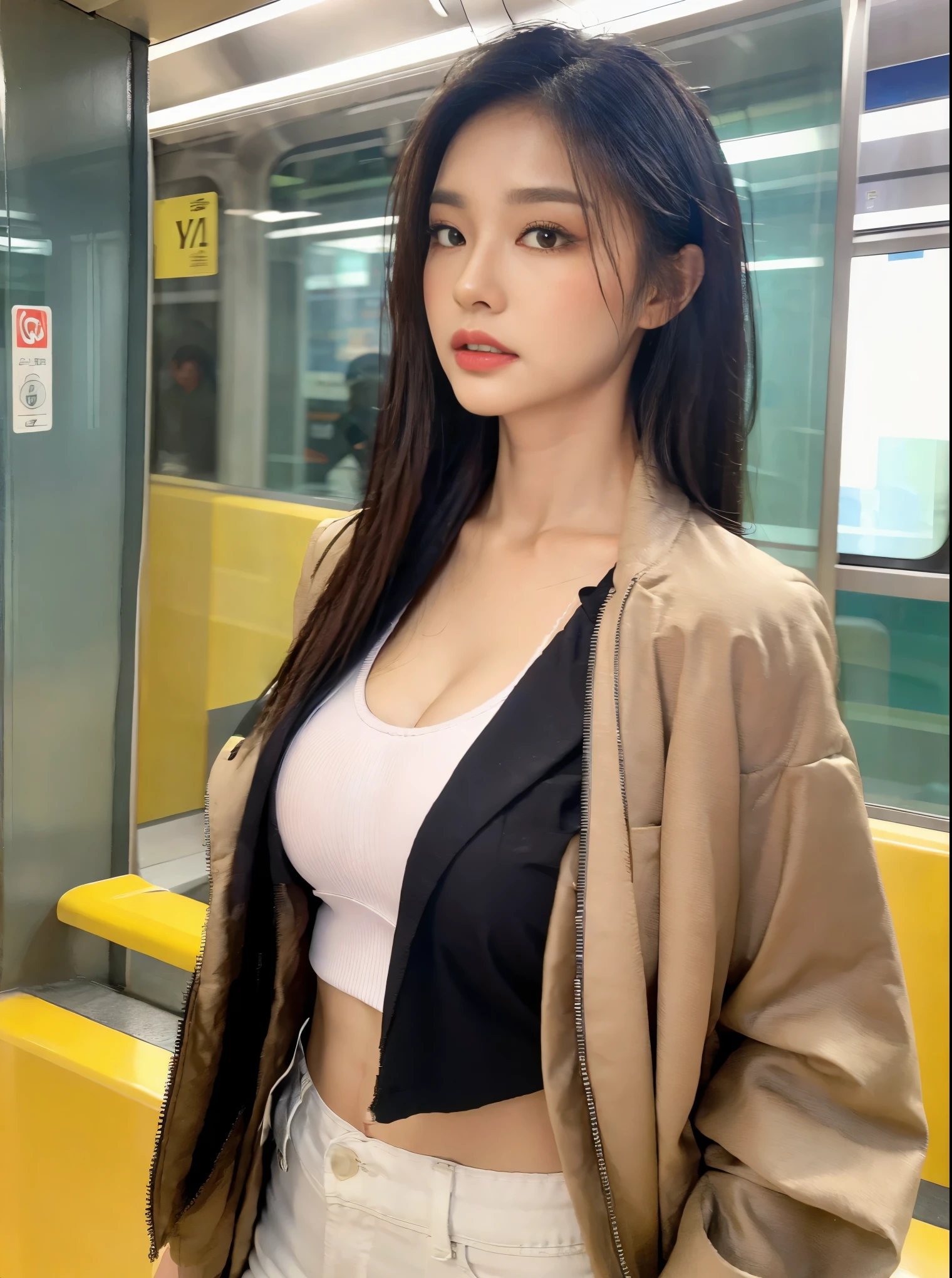(best quality,4K,8K,high resolution,masterpiece:1.2),Extremely detailed,(Practical,photoPractical,photo-Practical:1.37), An enchanting and hyperfeminine Japanese cartoons illustration of a woman with a perfect hourglass figure, Showing off her plump and full breasts. She wore a stylish designer tube top, mini skirt, and a stylish jacket. Accessorize with exquisite necklaces and bracelets, She walks confidently on the bustling streets of the metropolis. Brilliant colors, creating a perfect composition that captures the essence of urban fashion and Japanese cartoons style., Japanese cartoons, illustration