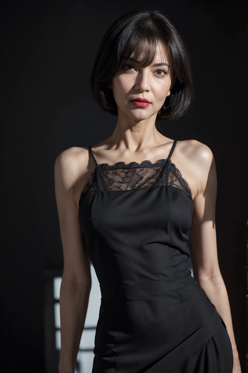 (((Highest quality)), ((8k)), ((masterpiece: 1.3)), (Photorealism: 1.6), (JMA), (Portrait of a Japanese mature woman), (Pitch black background: 1.2), (Woman standing diagonally facing forward: 1.4), (65-year-old woman), (Perfect looks), ((Realistic skin texture)), (Fine wrinkles all over the skin), (Dullness), (Facial wrinkles), (Wrinkles around the eyes), double eyelid, Tear bags under the eyelids, (Grimacing and laughing), Short bangs, short hair, (Loose-fitting one-shoulder elegant blouse: 1.2), (Close-up of face),