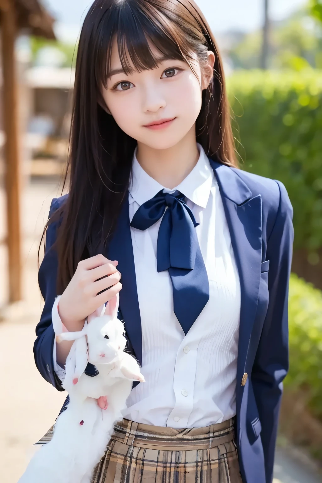 １girls looking at rabbits、blazer、The shirt、blazer is unbuttoned inside。