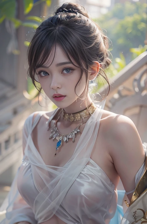 1 very beautiful girl in aozai dress, thin pink silk shirt with many white motifs, white lace top, long bangs and long ponytail in purple platinum, gorgeous hair jewelry, pretty face and cute, flawless face, earring jewelry, neck jewelry, beautiful eyes drawn meticulously, meticulous makeup, thin eyebrows, high nose, red lips pretty, no smile, pursed lips, rosy cheeks, wide breasts, big breasts, well-proportioned bust, slim waist, purple mesh socks, fictional art patterns, vivid colors and legs real , RAW photo, realistic photo, ultra high quality 16k surreal photo, (fantasy light effect: 1.8), 10x pixels, magic effect (background): 1.8), super detailed eyes , beautiful girl upper body portrait, girl alone, looking directly at the audience, wide original photo, 8k quality, super sharp, most detailed and clear picture, bright colors , even light, detailed light background,Beautiful Vietnamese girl wearing ao dai,Thoughtfulness,Personality,Elegance,Kindness,The chest area of the costume is wide open.,The navel and surrounding area are exposed,Shoulders exposed,Facing forward,No makeup,sobriety,15 year old beautiful girl,Small breasts,Small bust,Slim figure,Flat Chest,No lip,Looking straight ahead and glaring,See-through dress,Super beautiful nipple shape,