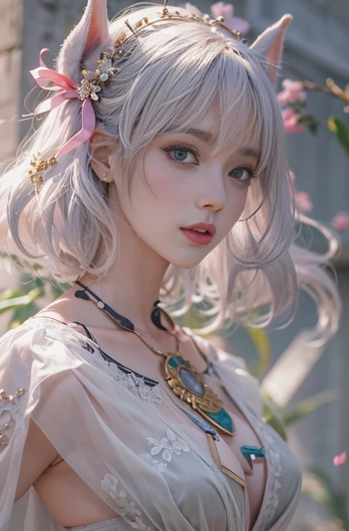 （（best qualtiy））， （（tmasterpiece））， （detail：1.4）， Beautiful cyberpunk female images，hdr（HighDynamicRange），Ray traching，NVIDIA RTX，Hyper-Resolution，illusory 5，sub surface scattering，PBR textures，post-proces，Anisotropy Filtering，depth of fields，maximum definition and sharpness，Many-Layer Textures，Albedo e mapas Speculares，Surface coloring，Mitsu-Accurate simulation of material interactions，perfectly proportioned，rendering by octane，Two-colored light，largeaperture，Low ISO，White balance，Rule three points、8K raw data、Beautiful bright blue pupils，off-the-shoulder clothes，Fine pupils，Delicate face and eyes，long eyelasher，Blushlush，Delicate and fluffy hair，pink lip，Pure，Cute face，Sweet girl，Artistic sense，Casual wear，Advancedsense，butterflys，Cherry blossom petal，Beautiful hair accessories，Long hair and waist，Hair fluttering in the wind，Snow-white fox ears，curlies，Snow-white fluffy tail，Positive light，The light from the back window is backlighted