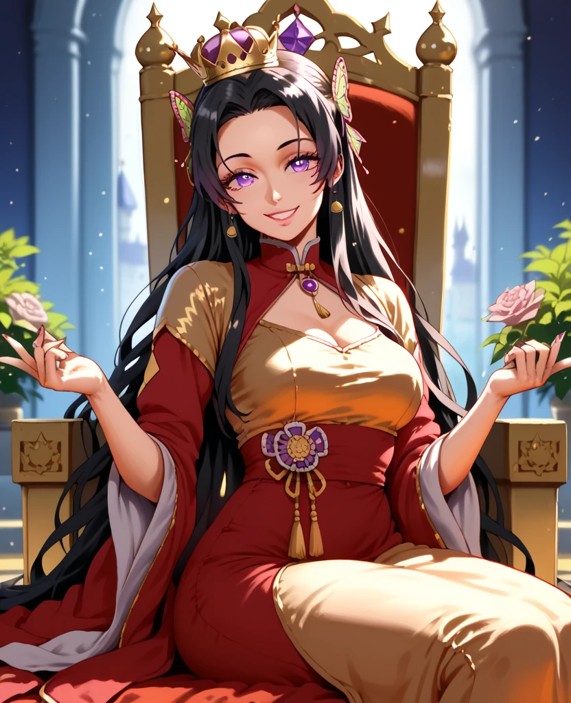 Hot sexy beautiful milf empress of kingdom sitting in balcony and enjoying green mountain view sunset, big heavy long chandelier earrings,black hair,free long hair,blush,black eyes,1 girl, necklace ,one hair bun,hair brochure, lipstick, traditional multiple chandelier necklace, bangles,queen traditional accessories,rings,furry coat,queens crown,hair pins, queens traditional jewellery ,long gown, smiling