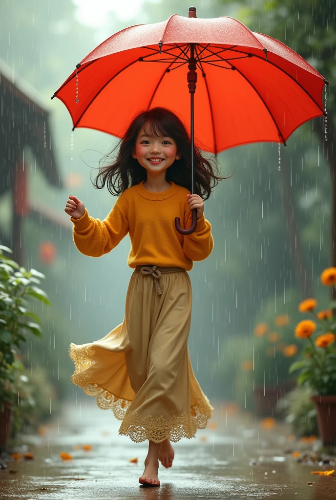 masterpiece, best quality,rain, in the rain, 1girl,  flower, garden,  looking at viewer, <lora:sl_lye:0.9>