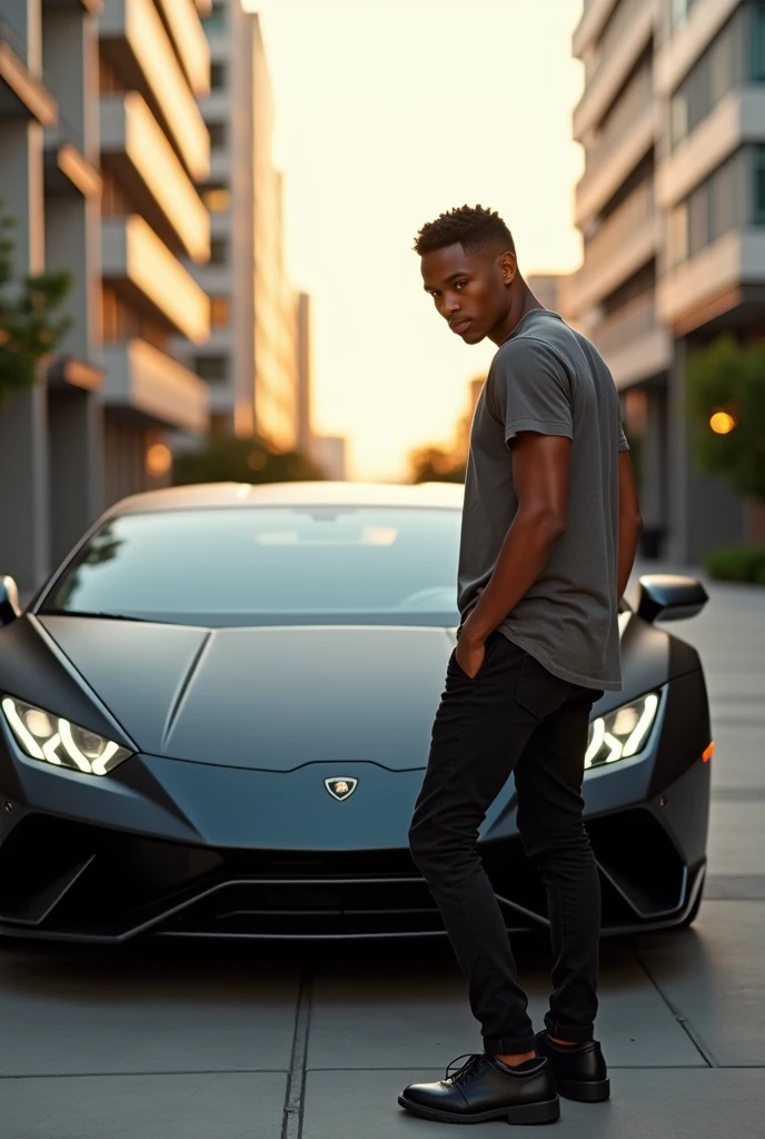 A brown-skinned teenager with short hair, sporting a studded earring, wearing a white American tank top, skinny jeans, and Air Force sneakers, next to a Lamborghini. 
