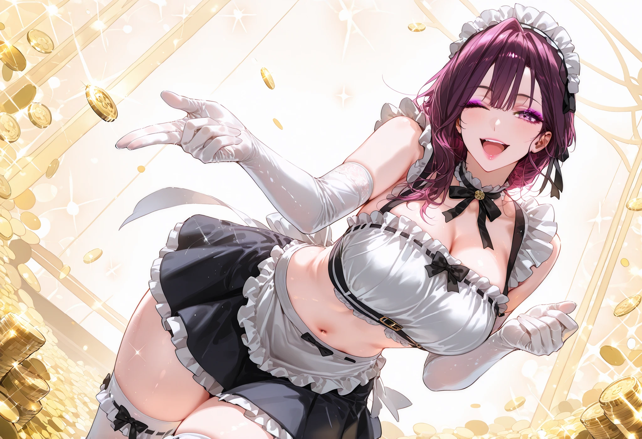 (m18+), masterpiece, best quality, clothes cutout, navel, pink lips, makeup, purple eyeshadow, 1girl,sexy maid outfit、frilly maid headband、mini skirt with apron、knee high socks with ribbon、(Silk Long Gloves)、Fair skin、sexy pose、fantastic night city、A cafe crowded with people、cute smile、(gold coin background:1.4),gold coin,glitter, smile,open mouth,one eye closed, looking at viewer,