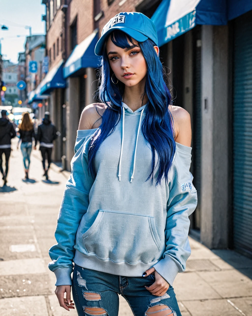 motor irreal:1.4,UHD,La mejor calidad:1.4, fotorrealista:1.4, textura de la piel:1.4, obra maestra:1.8,masterpiece,1girl,solo,long hair,blue hair,hoodie,off shoulder:1.2, mob cap, street,hand on hip, hand in pocket,