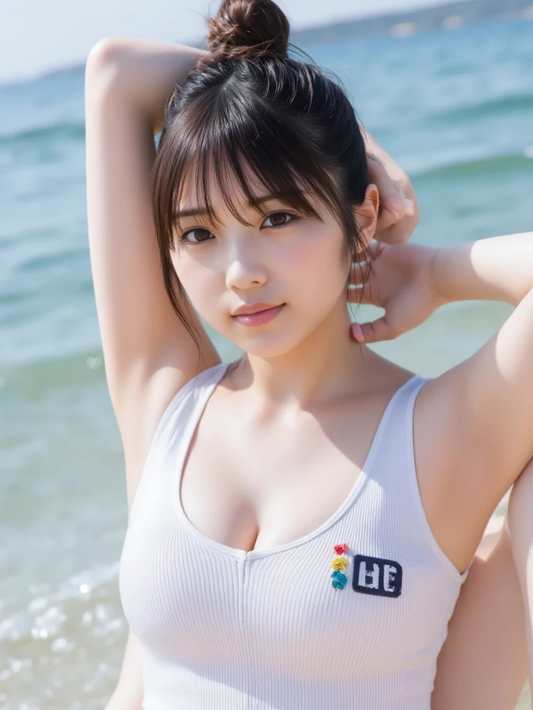 A cute, beautiful, voluptuous Japanese woman in her 20s with the same hairstyle as Akina Nakamori, skydiving at 4000 meters above the ground.、They are having so much fun that they are spreading their arms and legs out in excitement.、She looks great in a micro bikini
