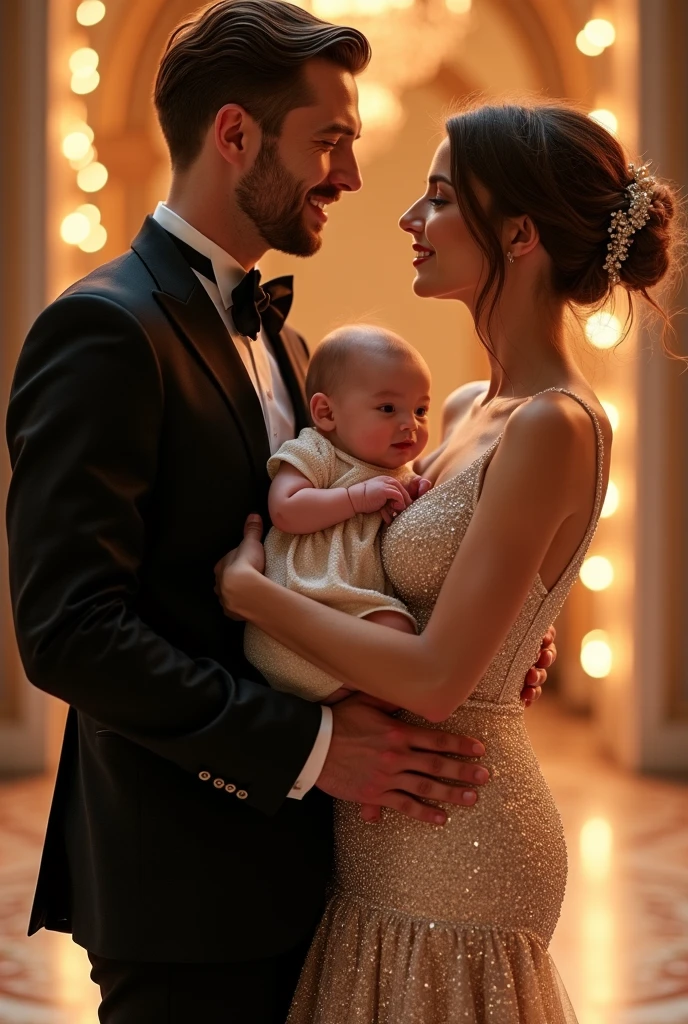 A mother of. medium wavy hair, Holding her baby daughter together with her husband The scene is a luxurious baby girl's 1 month birthday party