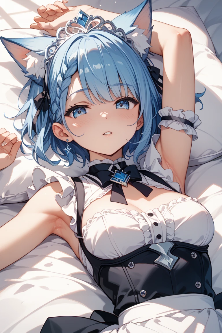 Girl、Light blue hair、Medium Hair、D Cup、camisole、panties、bed、Are sleeping、I can see my belly button、I can see her cleavage