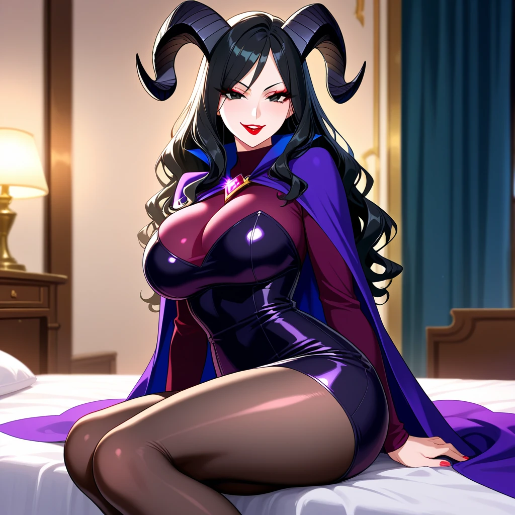 Hot woman, long hair, red bodysuit dress,sexy, inside room, brown hair, brown eyes, demon horn, demon tail