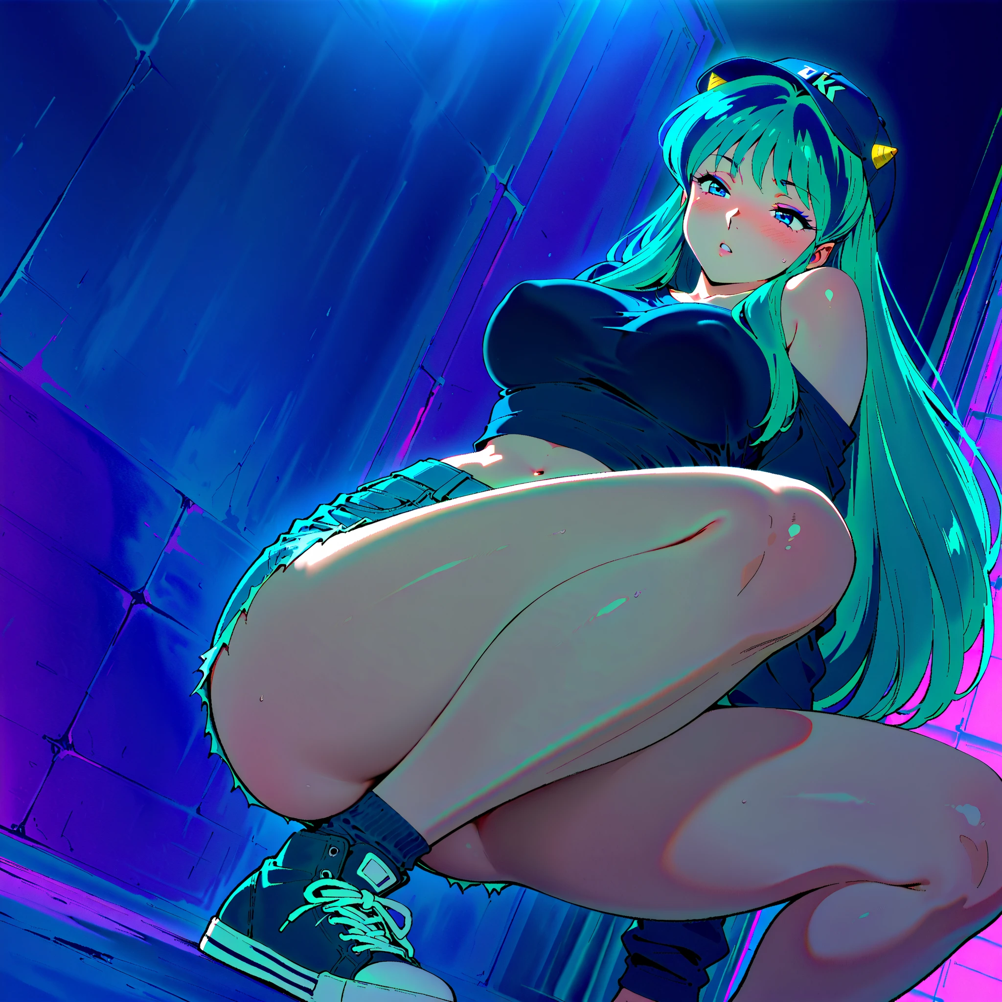 masterpiece, beste-Qualit, 1girl in, solo, big tits,breasts exposed, toppless,Denim shorts, chokers, (doodletits:1.5), Hitting a wall, watch audience, Armbands, thigh strap, tilt of the head, arm up, tedium, O cabelo multicolorido, Aqua Eye, headset on head,((squatting down))、(((nights)))、(red moon)