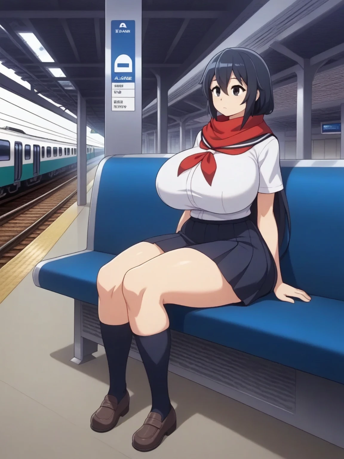 (1girl, 1old man:1.8), Anime cel drawing style, masterpiece, Best Quality, High resolution, nsfw, cowboy shot:1.6, (gigantic breasts:1.6), shirt lift show off nipple, panty shot, fear, Purple hair, Bangs, Side Ponytail, Hair Ornament, highleg panties thong, crowded train, (crowd:1.4), White sailor suit, Short sleeves, red neckerchief, penis, 1girl 1old man kiss, girl crotch grab old man