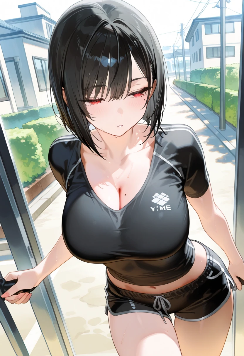 gym, workout, hot, sweating, sweaty, tan, big boobs, tan skin, flustered, blush, black clothes, see thru, yoga pants, outside, hoodie, gym clothes underneath closed, at the park, wearing hoodie, chilling out, slight smile, sline, eyes closed