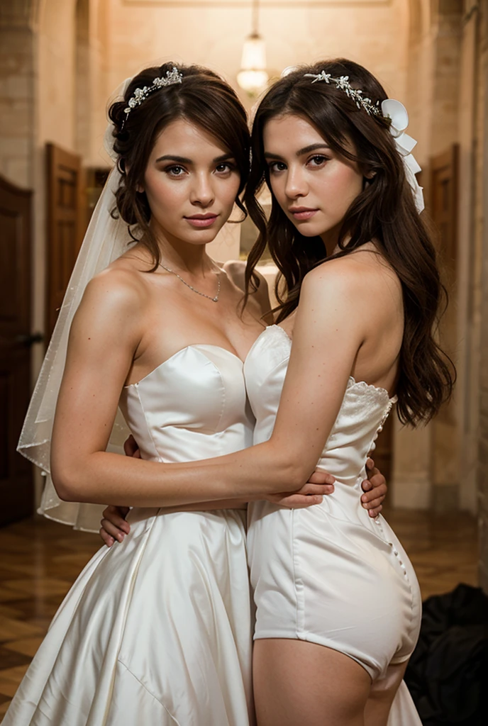 Realistic, photorealistic, ( mother and son couple:1.5), highly detailed and realistic image of 3 Kaya Scodelario and one son as a ultra sexy angelic vampire brides, facing the viewer, walking together on a long white carpet towards the camera in a bridal march, (photorealistic:1.4), 8k high definition detailed portrait, (best quality, masterpiece:1.2), Cinematic lighting, striking features, (seductive vampire face, cute face, detailed face), expressive eyes, (detailed beautiful brown eyes), ((natural makeup, minimalistic makeup)), ((long wavy hair)), (ultra futuristic mini skirt sexy angelic bridal gown), Confident pose. FF cupped large mango shaped nude breasts, nude exposed breast, Very deep cleavage bursting out:1.5, sparkling white stiletto, wet skin, long slender body, ultra sexy tall body, walking in a bridal march in a church, walking towards the camera 