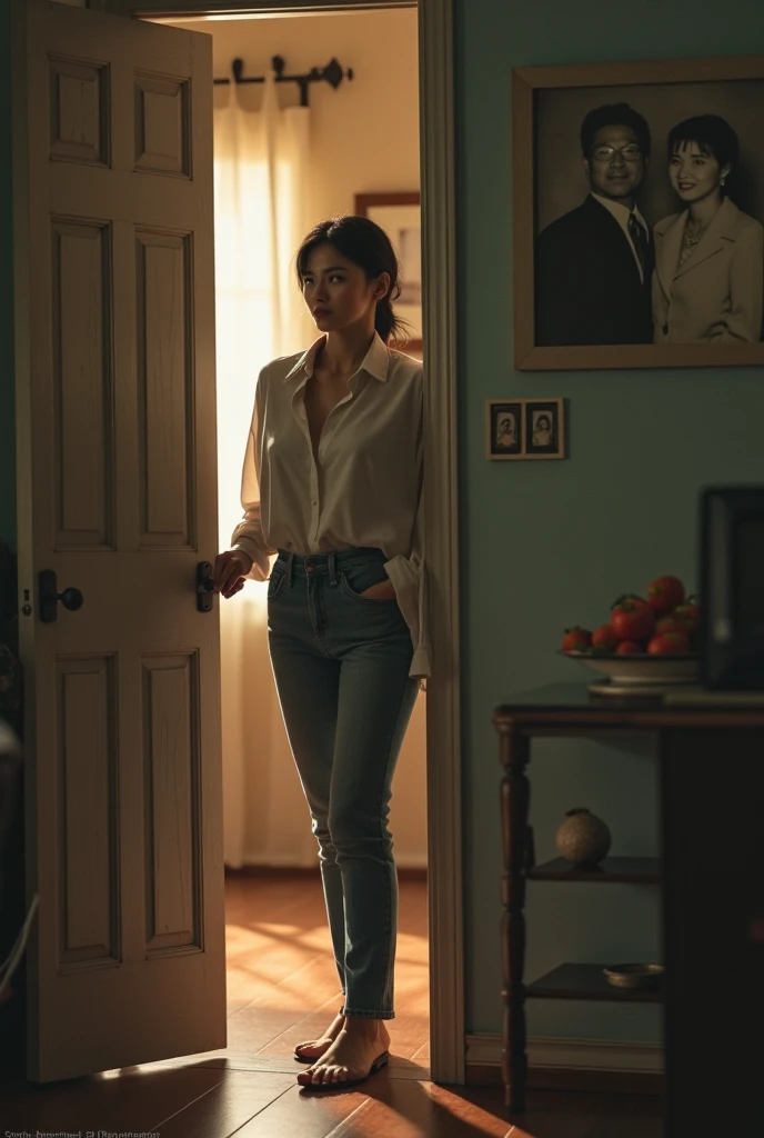 1girl, realistic, brunette, portrait, smile, wearing satin pajamas, standing in a long hallway with many doors, low light, looking at us, on the floor in the background are 4 unconscious men wearing jeans and a t shirt