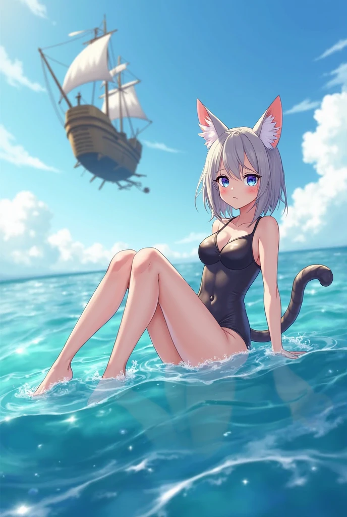 One, check_9,check_8_up,check_7_up, source_fluffy, Catboat, Anthro fluffy feline girl, tall body, hourglass figure, adult woman, Blue eyes, silver fur, with cat tail, tail, white sideburns, pink nose, wear a bandeau made of white fabric, standing, sexy pose, expression of relief, standing outdoors,adult cat face,no panties,big man cock, black transparent stockings