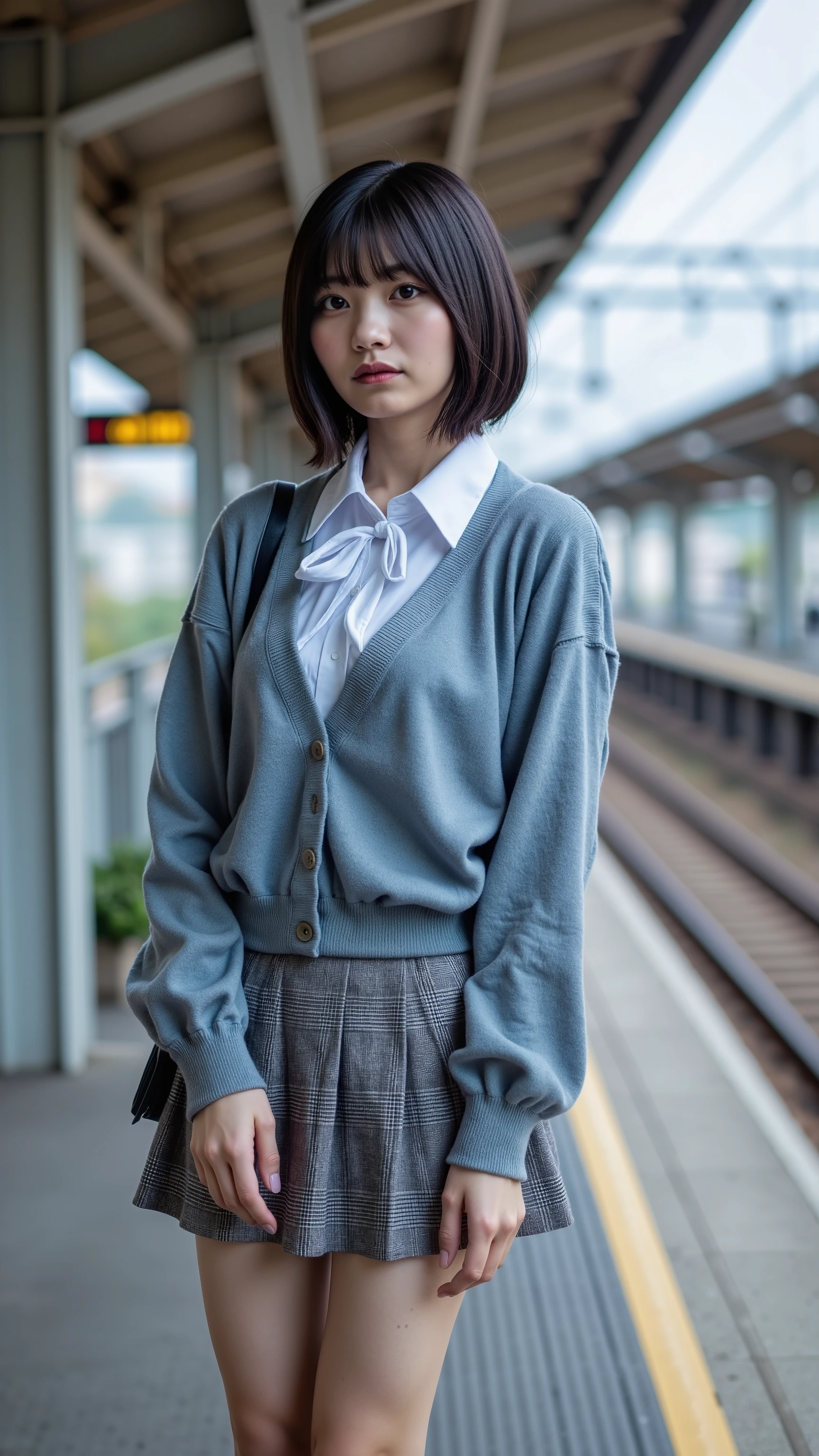 a high resolution photograph of a Japanese young woman, (photo-realistic, realistic, masterpiece, best quality), Intricate details, extremely detailed, ultra high definition, 8k, film grain, lens flare glow, sharp focus, professional lighting, fashion shoot, solo, 1girl, (school uniform, lite-blue cardigan unbuttoned, white collared shirt, ribbon-tie, grey plaid pleated mini-skirt, black socks, brown loafers, black shoulder bag), profile, upper body, pale skin, bob cut glossy hair with bangs, detailed face, detailed eyes, sophisticated nose, seductive lips, sensual face, detailed hands, detailed fingers, anatomically correct proportion, outdoors, train platform, suburban, [tokyu-tamagawa-line]