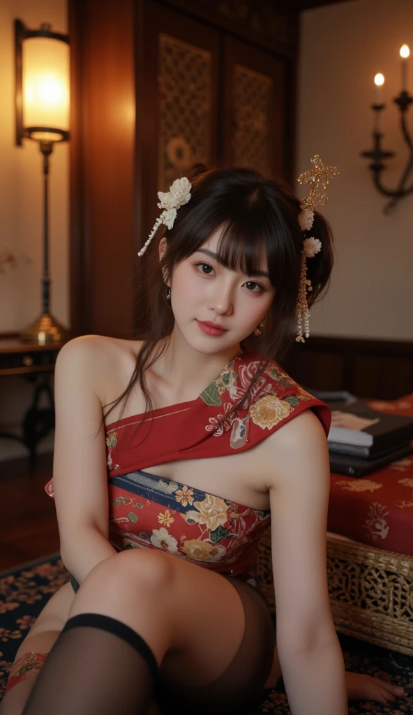 (from above:1.2), (perky chest:1.2), (pointed chest:1.2), 1girl, Bust A Cup, Amazing Cleavage:1.1, thin waist, big ass, Raised cute, small breast: 1.1 posed cleavage:1.2、solo, looking at viewer, have a cute glass of cute beer glass,black hair, dark green eyes, dress, bare shoulders, jewelry, collarbone, side locks, hairband, earrings, indoors, off shoulder, arms behind back, plants, short hair with long locks, gild hairband, off-shoulder dress, sweater dress, off-shoulder sweater, red sweater, dark gold hair, big side hair, very long side hair,is rendered in (masterpiece: 1.2, best quality), wit? (ultra high resolution) and an exquisite (depth of field). This masterpiece is not only visually stunning but also tells,A scene of cooking in the kitchen

