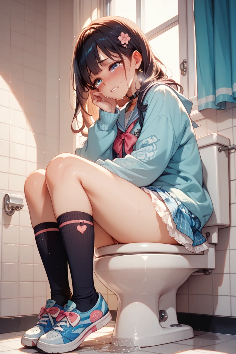 a skirt,nedium breasts,toilet bowl,On the toilet,Bottomless pit,face to the viewer,Pov doorway,female masturbatiion