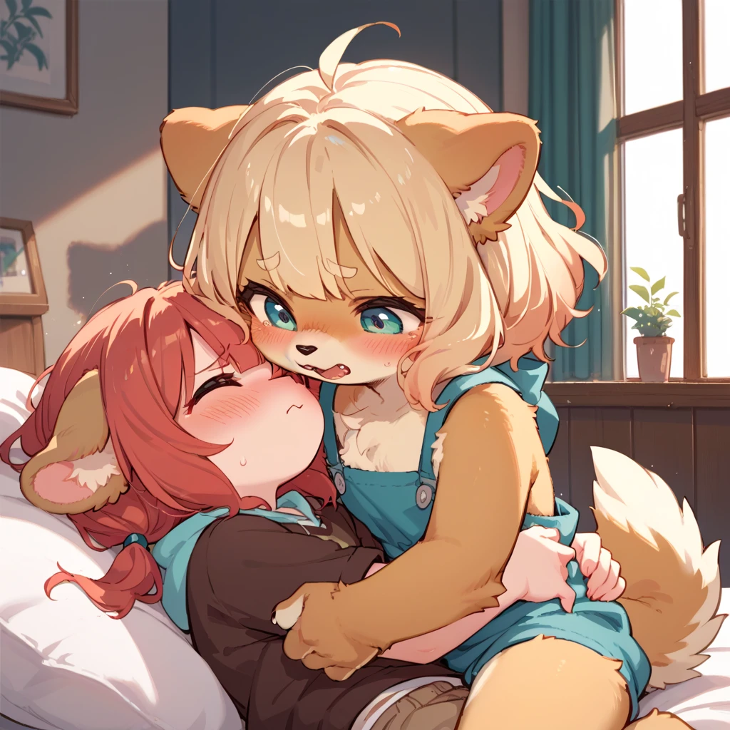 Score_9, Score_8_up, Score_7_up, Score_6_up, Score_5_up, Score_4_up, source_anime, anime style, anime screencap, 1girl, holo, brown hair,long hair,red eyes, wolf girl,wolf ear,wolf tail, cute, full blush, sex, pussy juice, closed eyes, [[happy]], 1boy, shota, on bed