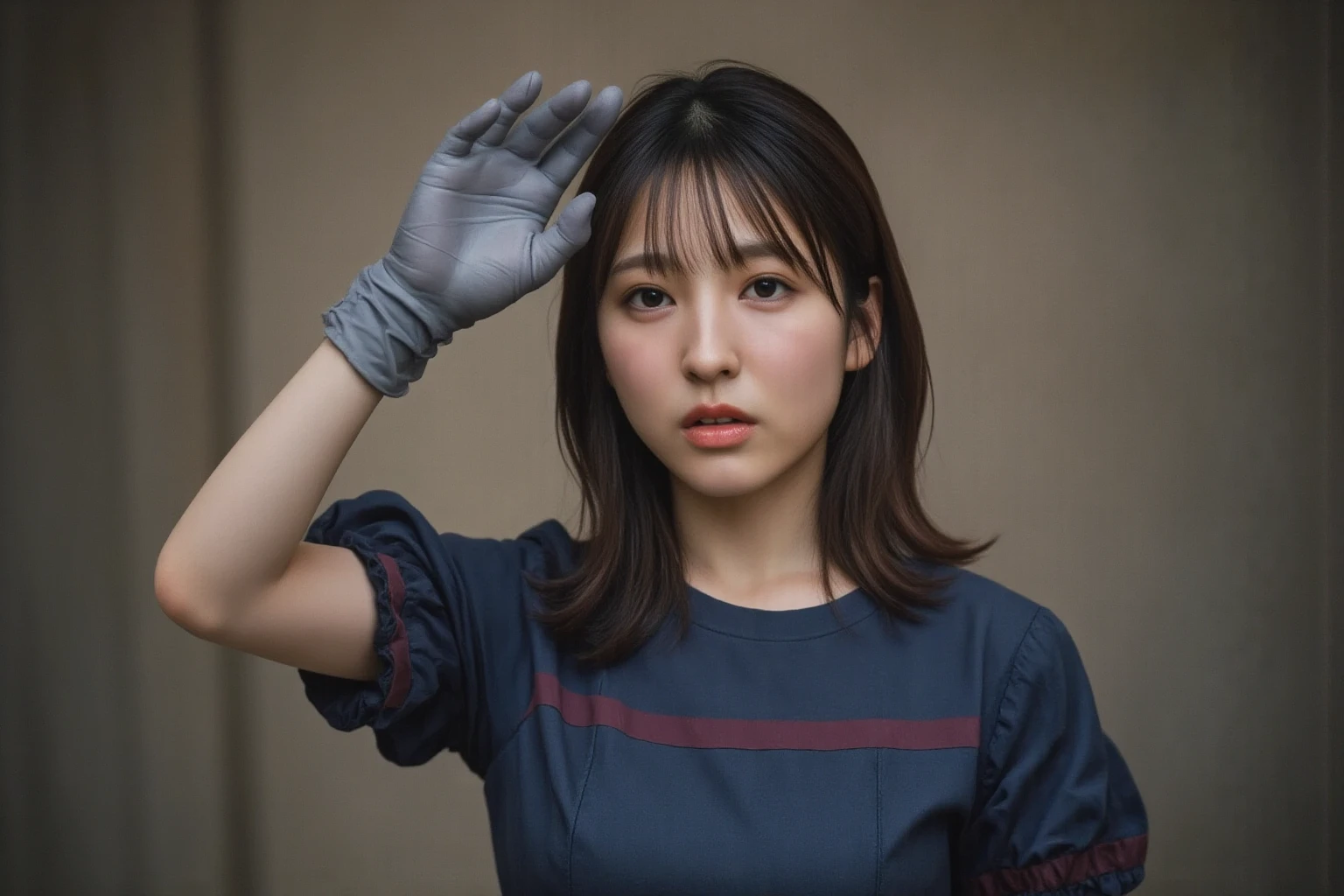 Right Arm、There is a blue handprint、Japanese women、Horror、Painful facial expression