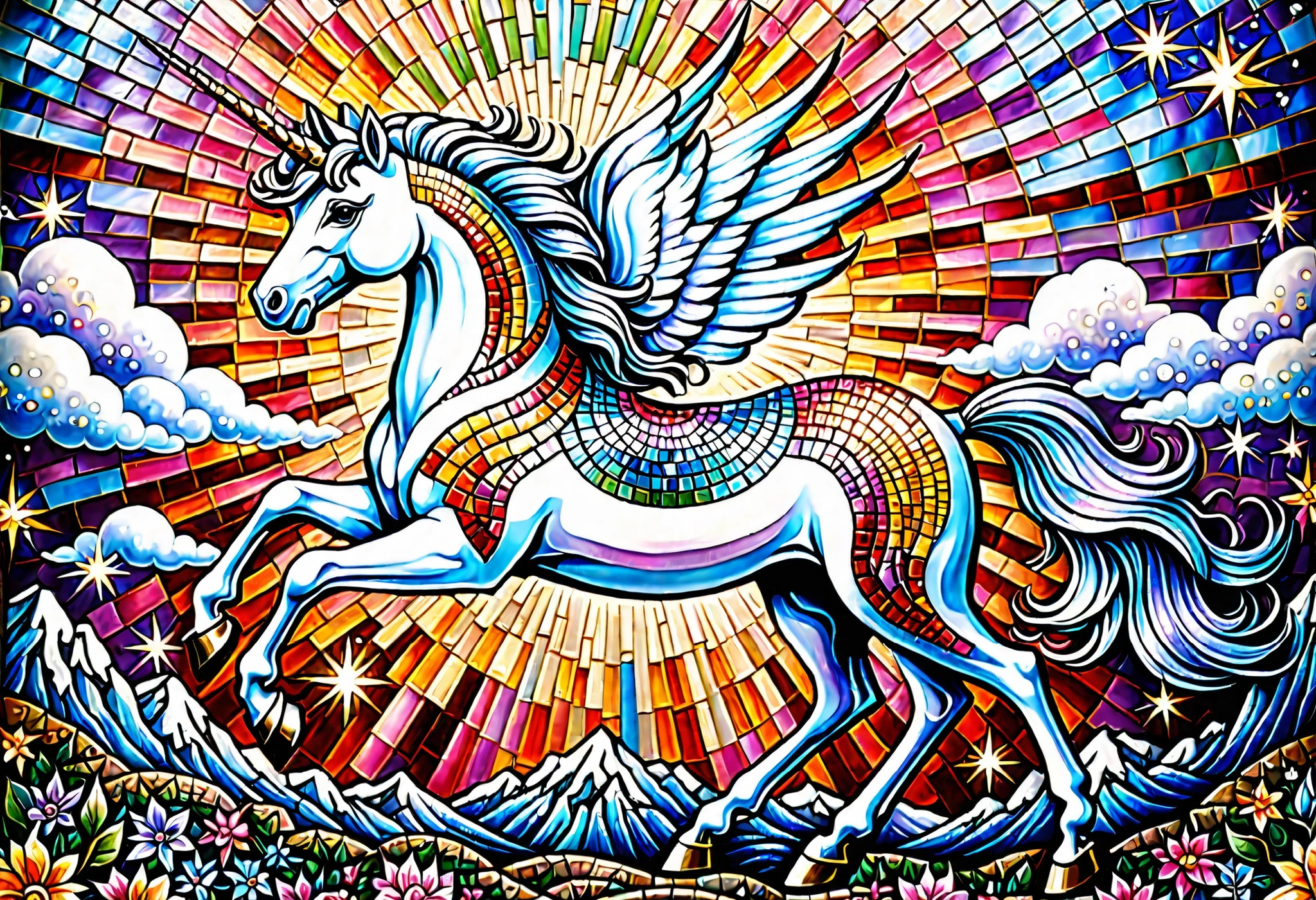 Mosaic tiles, mural, たくさんのGod of Unicornsの, God of Unicorns, Alex Grey Unicorn, Amazing Art, Unicorn Masterpieces, 細部まで全てMosaic tilesで作成された芸術作品, Lots of Unicorns Details, Visionary Art ,, Amazing Art, Amazing Art, highly detailed Visionary Art , by Eva Shvankmajerova , by Lee Mi-soo,modern art