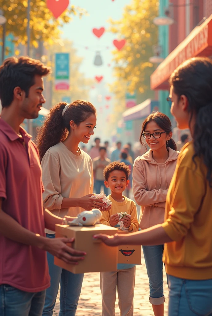 "A diverse group of people helping each other in various small acts of kindness, smiles and gestures of gratitude visible, set in a bustling marketplace, symbolizing empathy and reciprocity, ar 16:9"