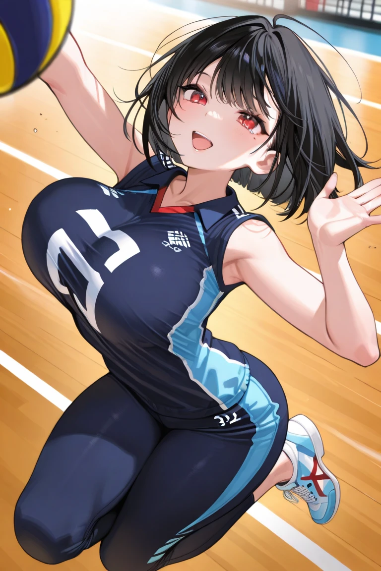 Highest quality、High resolution、Detailed Background、Beautiful Face、High detail、(Perfect Anatomy, Perfect Style)、(Detailed facial expressions)、(fine grain:1.2)、Teenage Beauty、(very wide shot:1.5, full body:1.4), One Girl、Elementary school students, Cute black hair、Braided Bob, Braided, clear, deep blue eyes、Braided Ponytail, Braided bob cut, Basketball game in the gym, jumping:1.5, dunking:1.5, brake, Incredible jumping ability:1.5, Suspended in the air, ready to shoot:1.5, ((aerial view:1.5, shoot from side, looking up)), (Bright red uniform:1.5, Blue Line, No sleeve:1.5, Red high-top basketball shoes)、(armpit:1.2), ((large breasts:1.2, pointy breasts:1.2, high breasts:1.2)), He is about to hit the ball he is holding in one hand into the basketball goal above his head., The goal is 3m above the ground.