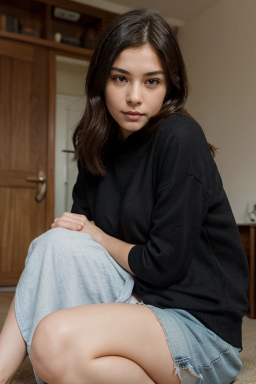 -yeld gi in tight legging, sit in a table, in a dining room