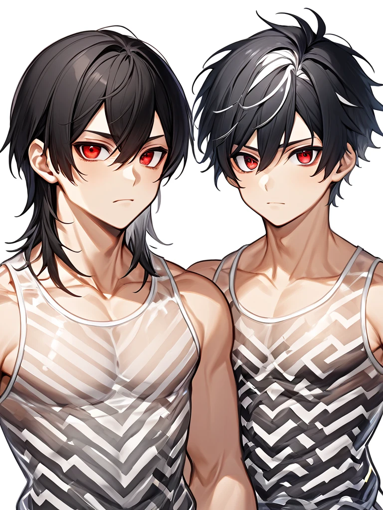 masterpiece,best quality,high quality,extremely detailed,(2 male austere handsome men, adult age 30 years old:1.5),(purple eyes, cool with suspended eyes), strong and fearless body, 8.5 head tall and 185cm tall,(well-groomed black short hair to neck:1.4), (bangs parted in thirds:1.4), (pectoral and rectus abdominis muscles:1.3), slender nose, facial muscles, (saltwater pants:1.3), (hand on neck:1.3), (scowling smile:1.3), (swimming:1.3), (stylish pose), (background deep sea underwater:1.3), (upper body:1.3)