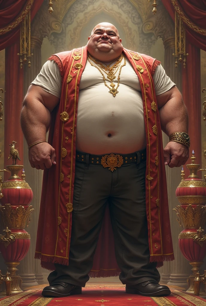  Hyperrealistic image of an elderly 19th century French Steampunk circus magician superhero with a naked torso, combed gray hair and huge handlebar mustaches A super heavy bodybuilder flexing his muscles A full body obese bodybuilder with a very sweaty body An extremely muscular and extremely fat man over 70 years old weighing over 600 pounds a very hairy muscular man with very large legs and sagging pectorals large, dark nipples and gynecomastia on the floor of a steampunk circus with red velvet curtains and golden fringes dressed in red velvet slipper pants and a large turban with many jewels on the head  