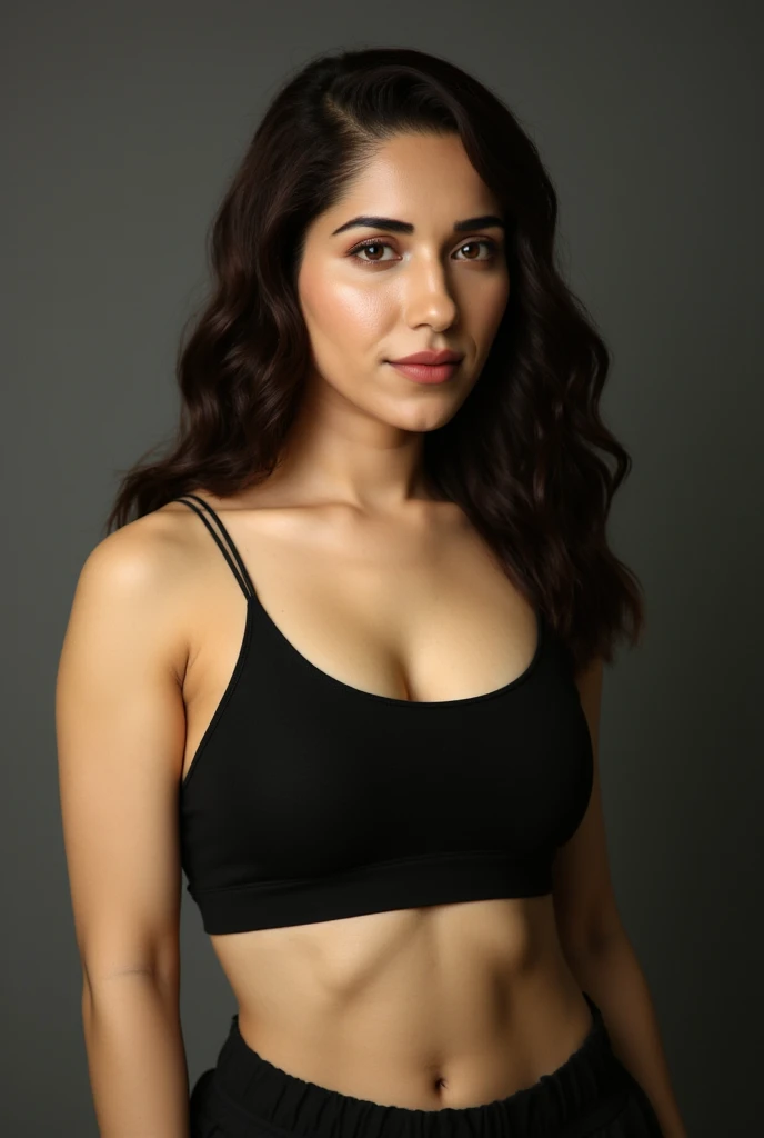 Woman brunette pretty eyes pretty complexion type Maghreb big breasts tank top rear view looks at the camera superior quality high definition