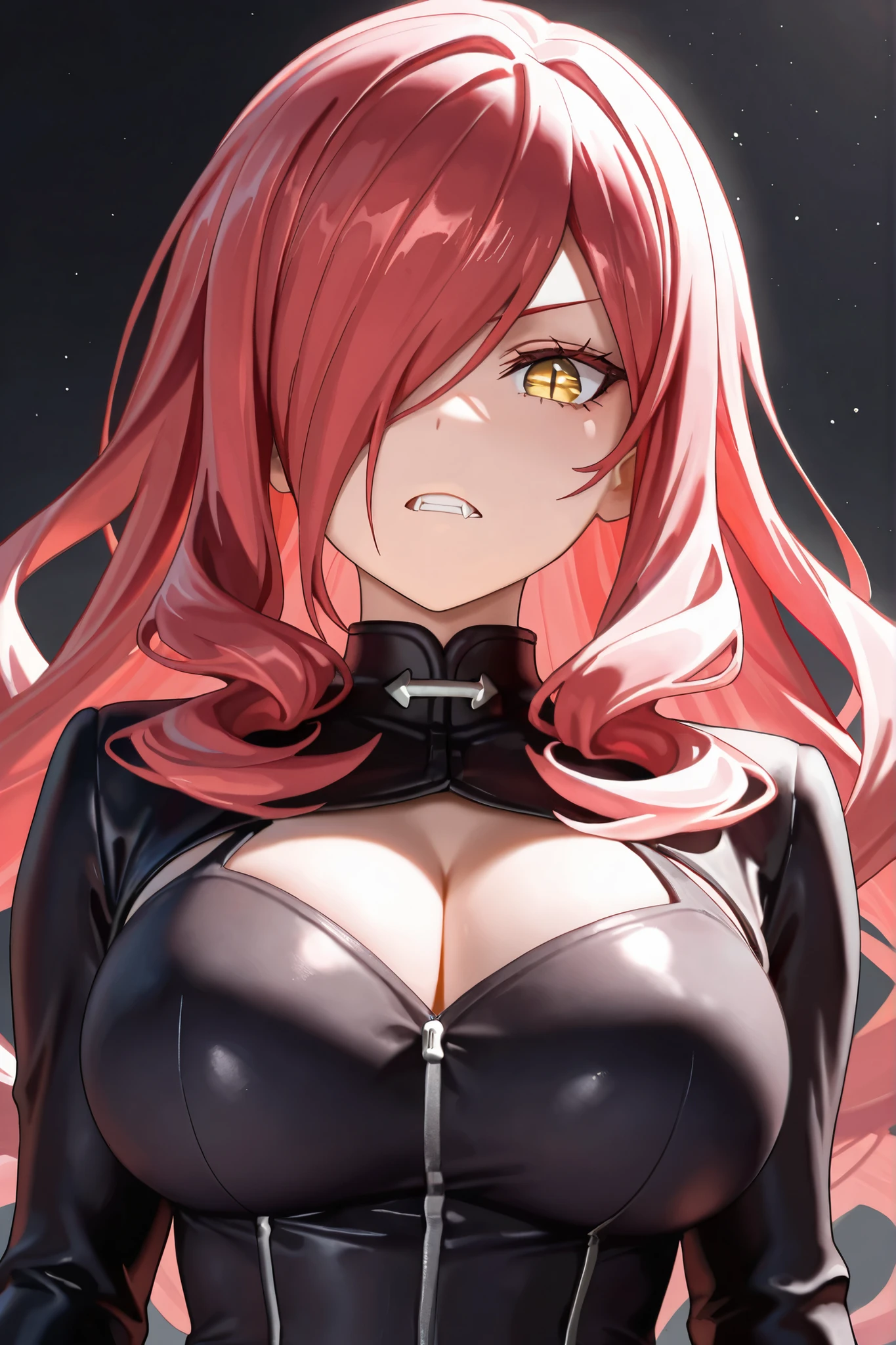 ((extreme detail)),(ultra-detailed),(painting), chiaroscuro, extremely detailed CG unity 8k wallpaper, best quality, green eyes, red hair, red bodysuit, red halo, horns, devil, succubus, evil smile, open mouth, red bat wings, red devil tail, fangs,