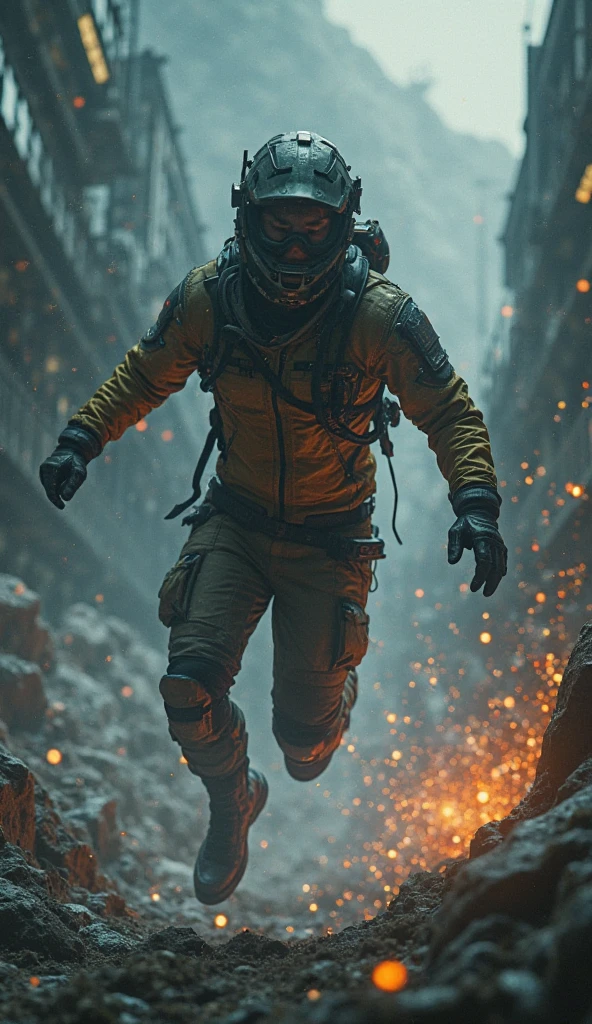 cinematic film still {A film shot capturing a climactic moment in an action sequence, realistic explosion and debris flying, hero in mid-leap, high-stakes tension, shot with a Canon EOS R8, Wide angle lens} . shallow depth of field, vignette, highly detailed, high budget, bokeh, cinemascope, moody, epic, gorgeous, film grain, grainy