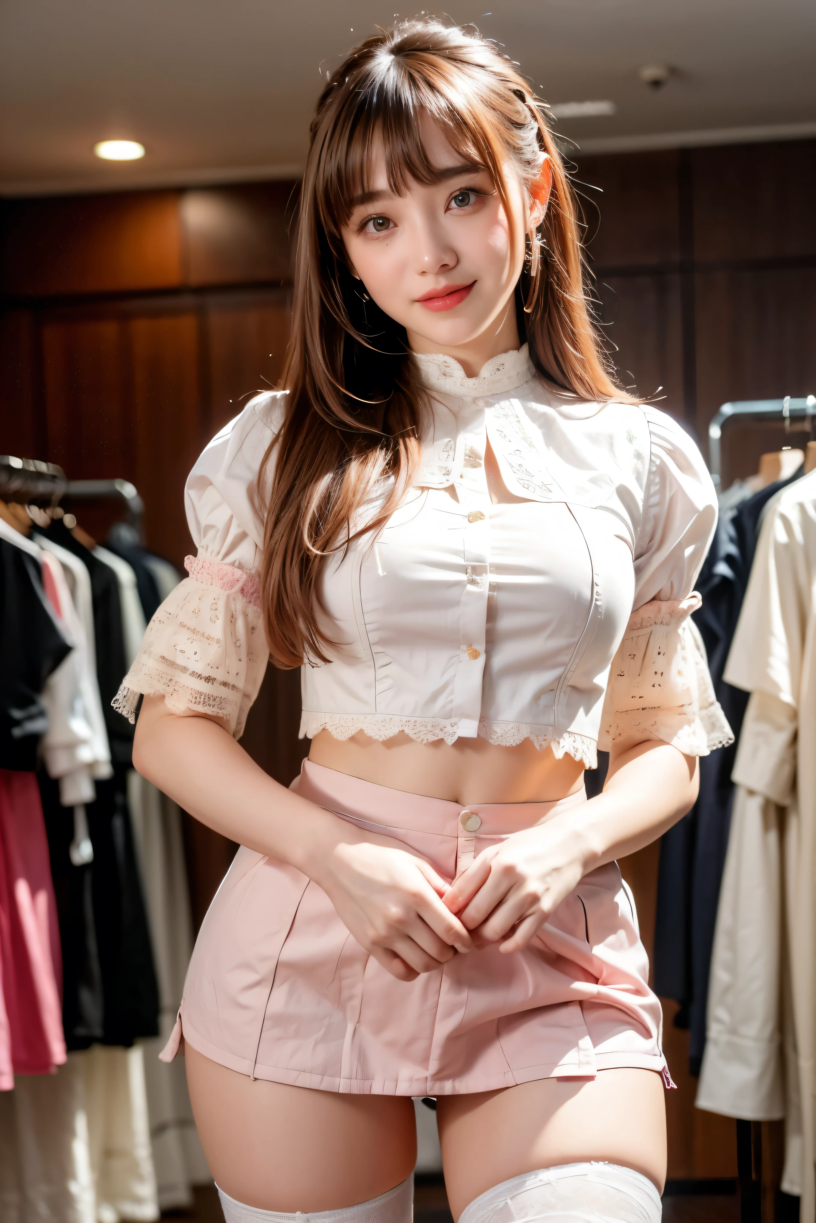 ((((Very short))))、Earrings、Collared shirt、((((blunt bangs)))) ((Short bangs))、trimmed bangs、(((Inside of a fashionable clothing store)))、(masterpiece、highest quality、In 8K、32k、masterpiece、Super huge 、超A high resolution、Impressionism、Photorealistic:1.2)、Cowboy Shot、Sharp focus、Beautiful face with detailed background of face and eyelids、Blue sky、Glowing Skin、Sharp pupils、Realistic eyes and beautiful face、Blurred Background、Beautiful 28 year old girl、Glowing Skin、(((bright and beautiful hair)))、Iris、(((puff sleeve lace blouse)))、(Knee-length tight skirt)、Thighs、curve、Dynamic pose、Powerful composition、((smile))、((Calm expression))、sweating、((Pink-beige hair color))、High nose、(Small Mouth)、Skirt rip、stockings、Pubic hair is visible、clerk、(Wearing a name tag)