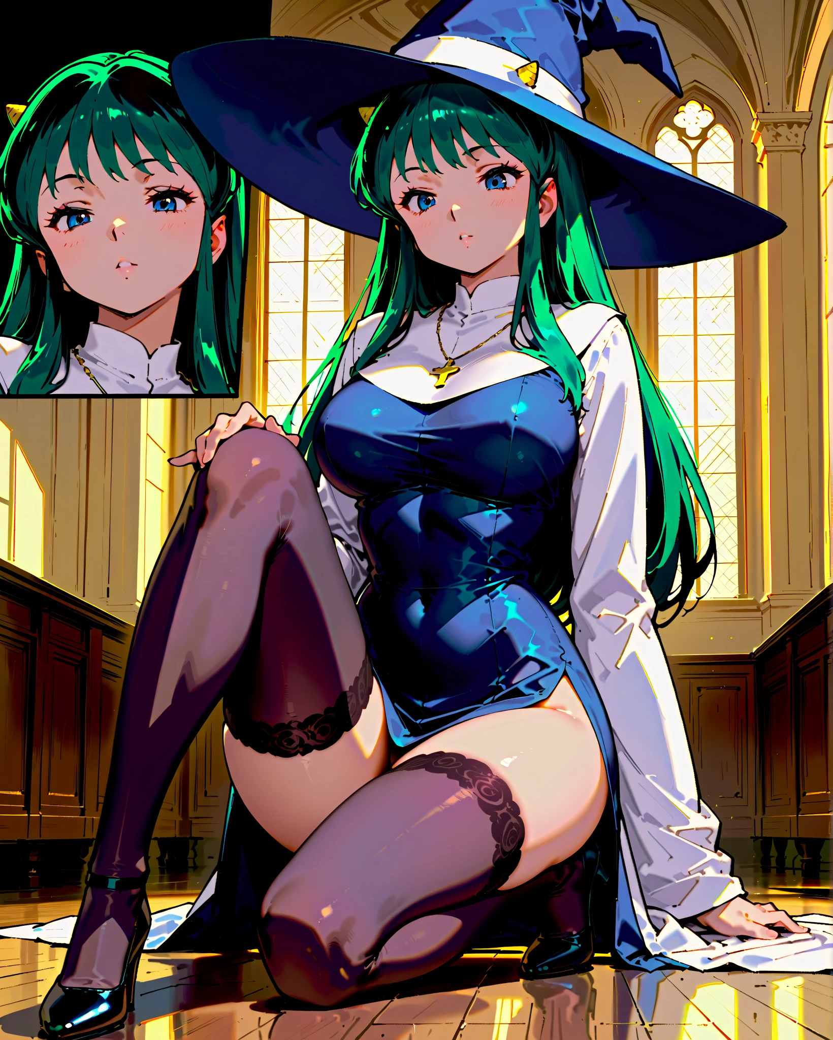 a white goat girl,witch,black long socks,woman,big butt,big thighs,small breasts,green hair and eyes,ultra-detail,detailed face and eyes,beautiul detailed eyes,beautiful detailed lips,extremely detailed eyes and face,long eyelashes,dramatic lighting,cinematic,fantasy art,vibrant colors,chiaroscuro,pussy cum,sexy pose