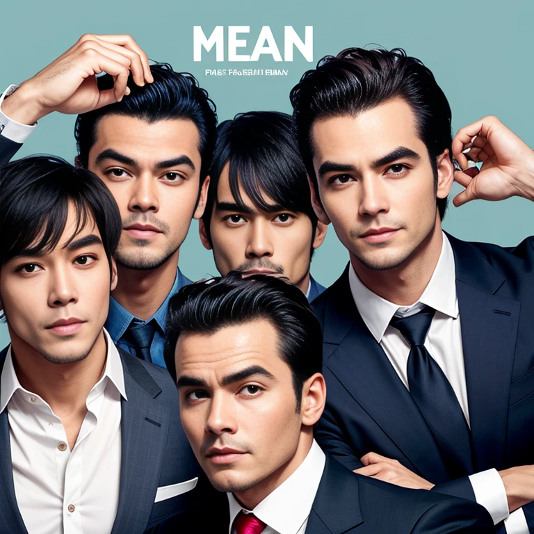  (gangbang) brunette short hair, around man gropping him   , diverse faces, smirk, thong, plain_background, logo, (bare thighs ) , sexy , NSFW , eroticism , only male , handsome Korean men, only boys , only men , erection 
