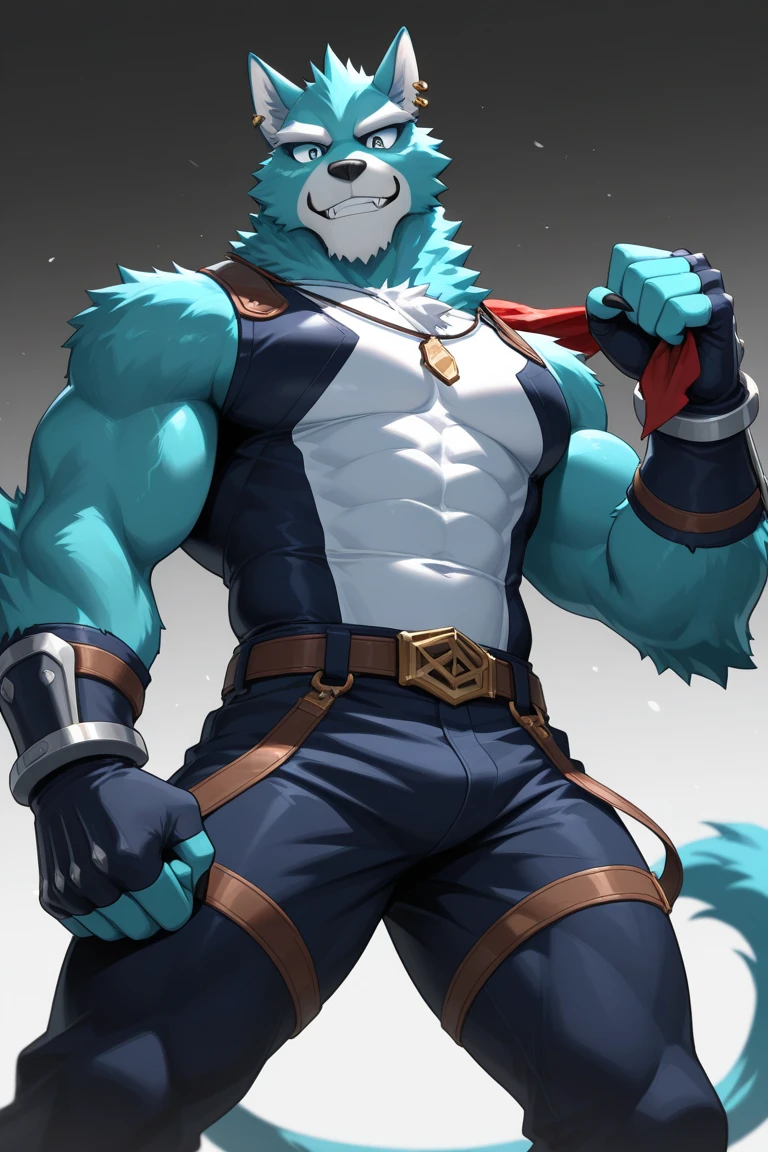 masterpiece,high quality,An anthropomorphic male wolf with blue eyes and blue-white fur,Smiling emoticon,hansome,(young)AND(Strong),(Muscular),Wearing a black and gold collar around the neck,Wearing black casual short-sleeved shirt and white sports shorts,(Fluffy fur:1.2),(bright:0.8),panoramic,brighteyes,character focus,Detailed background,(indoor,Basketball Stadium),Has fine hand details and facial expressions,Fine facial details,Compared to the background characters, they are muscular and strong.,Compared to the background characters, they are huge,相较于背景角色拥有hansome的面容,8K quality,high quality的masterpiece,number(artwork),Facing the right side of the screen,(play basketball,Sweating,Dribbling),(Body hair,Wolf nose:1.2),With fine basketball details,Very detailed,Correct anatomy,Unparalleled muscle texture details,Half of the eight-pack abs exposed