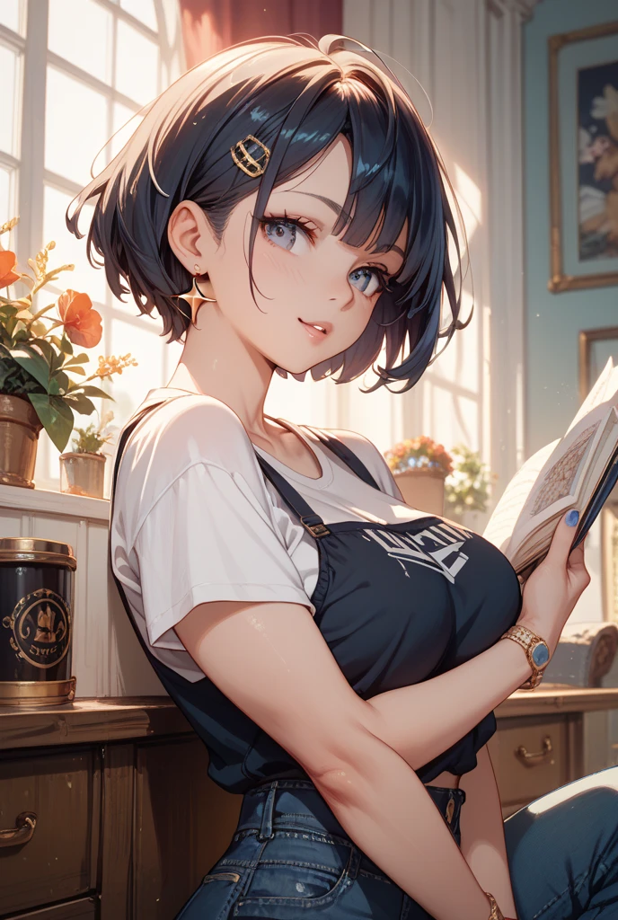 Photorealistic、Highest quality、Highest Resolution、Highest quality、8K、1人のBeautiful woman、Beautiful woman、Beautiful woman、Bob Cut Hair、Casual Style、celebration、Party、cracker、Looks happy、