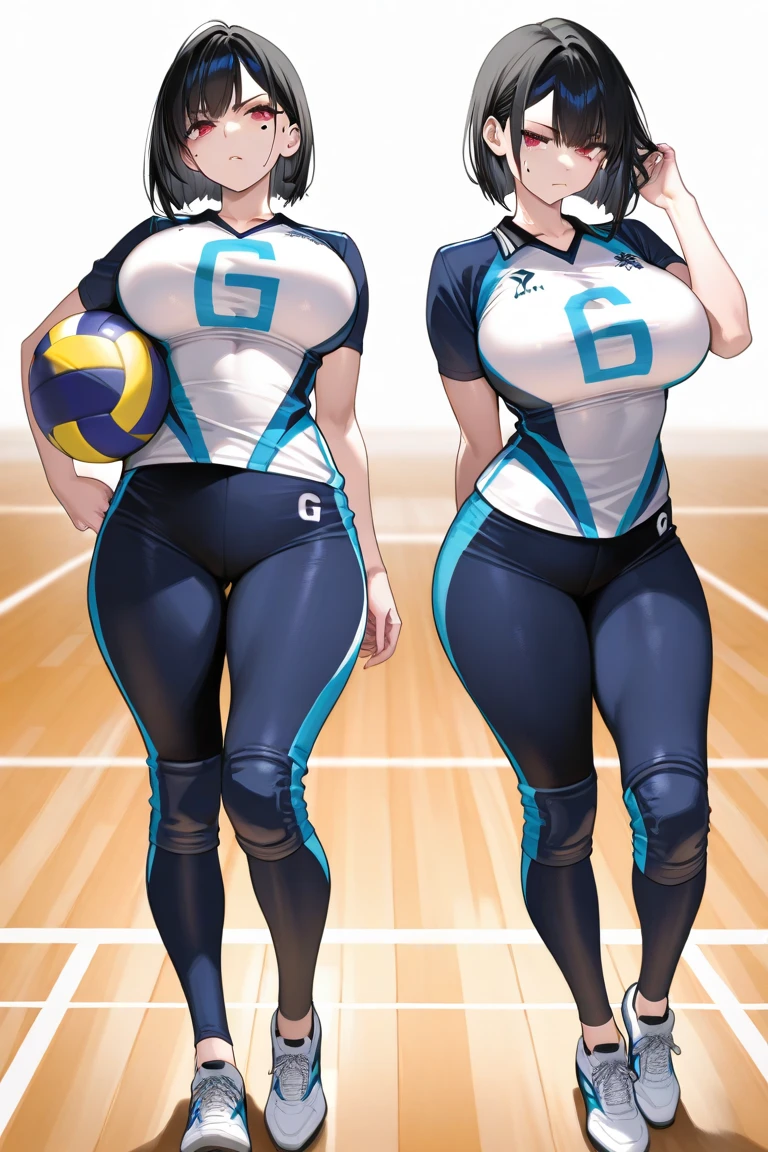 Anime woman, 3d rendering, volleyball player outfit, front and back, same person, thick thighs, big breasts, big ass, wide hips, tanned skin