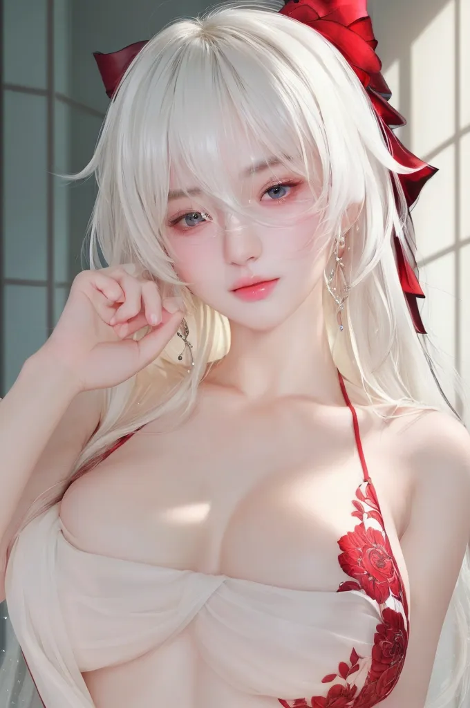 ((Highest quality))、((Very detailed))、(Detailed eyes:1.6))、((Temptation Pose:1.6))、(Huge breasts:1.3)、Platinum Blonde Hair、Black underwear、Shooting from below