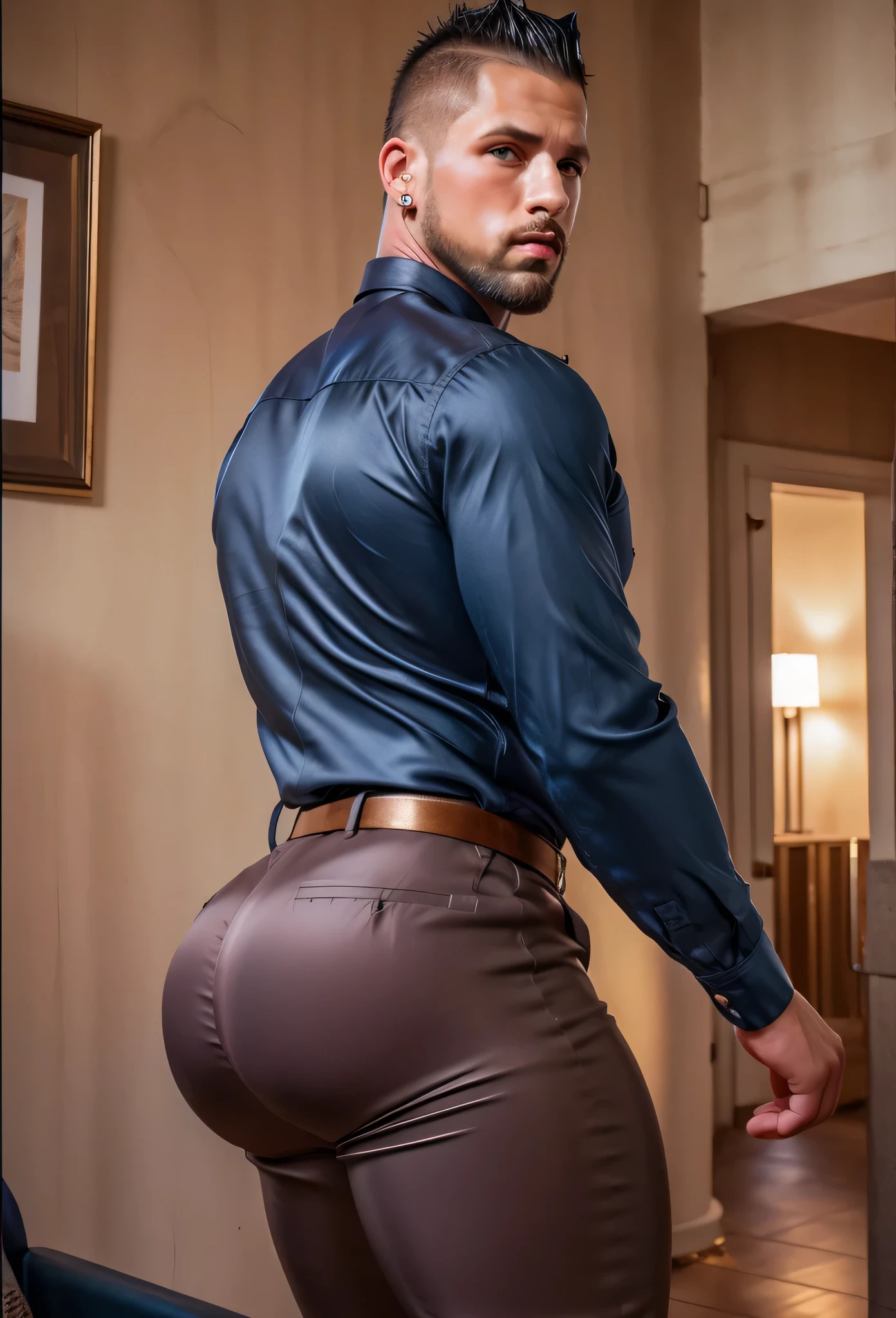 Un hombre negro con la cara se parece a Henry Cavill. Black man, Su cuerpo es musculoso y pe barba dentada. Big butt, in a moment of reflection. Full body. Camisa Fajada, semi formal clothing white pants, backside. Bent over