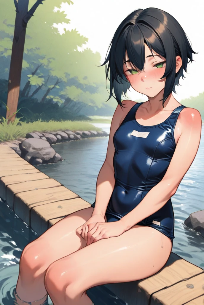 高いquality illustration, masterpiece, Very delicate and beautiful,Slender body,slim,Beautiful Eyes,(masterpiece, Highest quality:1.2), High resolution, Very detailed CG ユニティ 8k 壁紙, Perfect lighting, colorful, 超High resolution,4K,Very detailed, photograph, 8k, High resolutionolution、Drawn from the front、Very young girl、Swimsuit、Sports swimwear、紺色Swimsuit、Muscular、Sportsman、Black Hair、Short Hair、smile、((hot spring))、((bath))、Sweat、maleたちに囲まれて、maleが見ている、male3people、(male性機能強化)、((thigh))、((ejaculation))、((semen))、penis