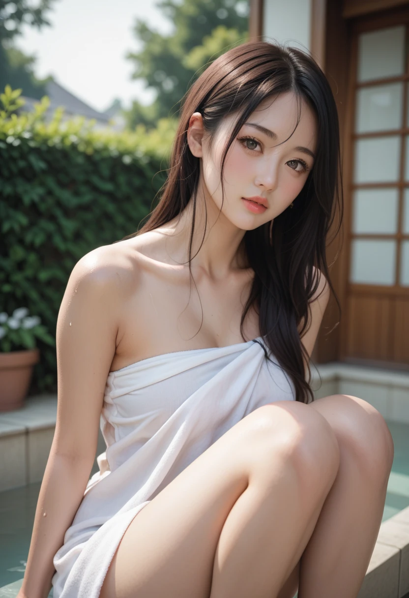 (yor), (Best quality, 8k, Masterpiece :1.3), (realistic, photorealistic: 1.37), (1girl), (slim), (Japanese), (random pose), (wet body), (long hair, random hairstyle), (outdoors), (Ultra-detailed face), (Detailed eyes), (Double eyelids), (eyeshadow intensifying), (many eyelashes), (professional lighting), (photon mapping), (radiosity), (looking directly at viewer), (full bodyesbian), (legs are open), (With a cropped T-shirt), (Slim figure), (Slim girl model), (25 years old female model), (gigantic cleavage breasts) (No bra, No top, Bare chest), 