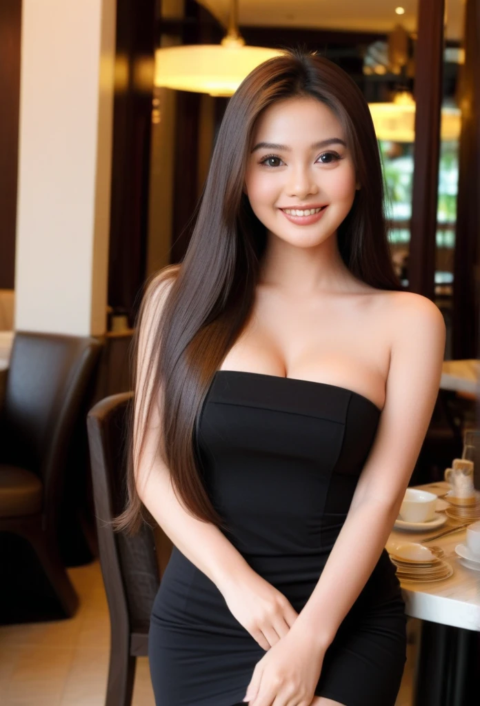 a beautiful woman in her 20s, sitting on a sofa, wearing a tight white dress, she is smiling, long black hair, large breasts, nipples visible, detailed face, intricate dress folds, photorealistic, highly detailed, cinematic lighting, warm color tones