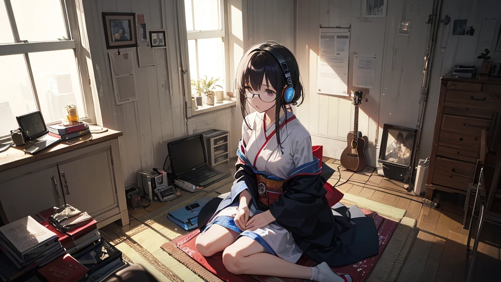 (extremely detailed fine touch:1.3), (((semi-rimless round eyewear:1.3))), (headphone:1.2), short hair, blunt bangs, 1girl, solo, bare arms, drunk,indian style, drooling, slightly open eyes, holding one hand One sho Japanese sake bottle, sitting on a cushion, Japanese tatami room, on
glass cup, HINOMARU background