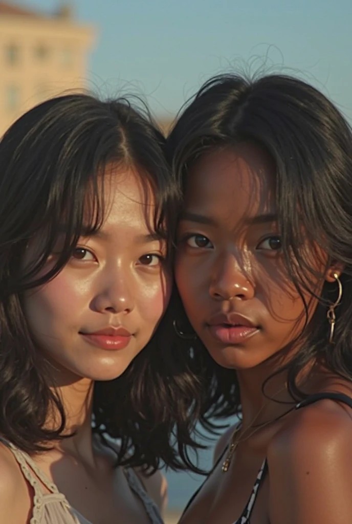 Masterpiece, high quality, high resolution, volumetric lighting, subsurface scattering, 8k, 2 Beautiful women, hugging each other, (arms raised above their heads), dark skin, tan skin, asian, bikini, wavy hair, bob cut, messy bun, bowtie, headband, hoop earing, beach, sexy pose, seductive pose