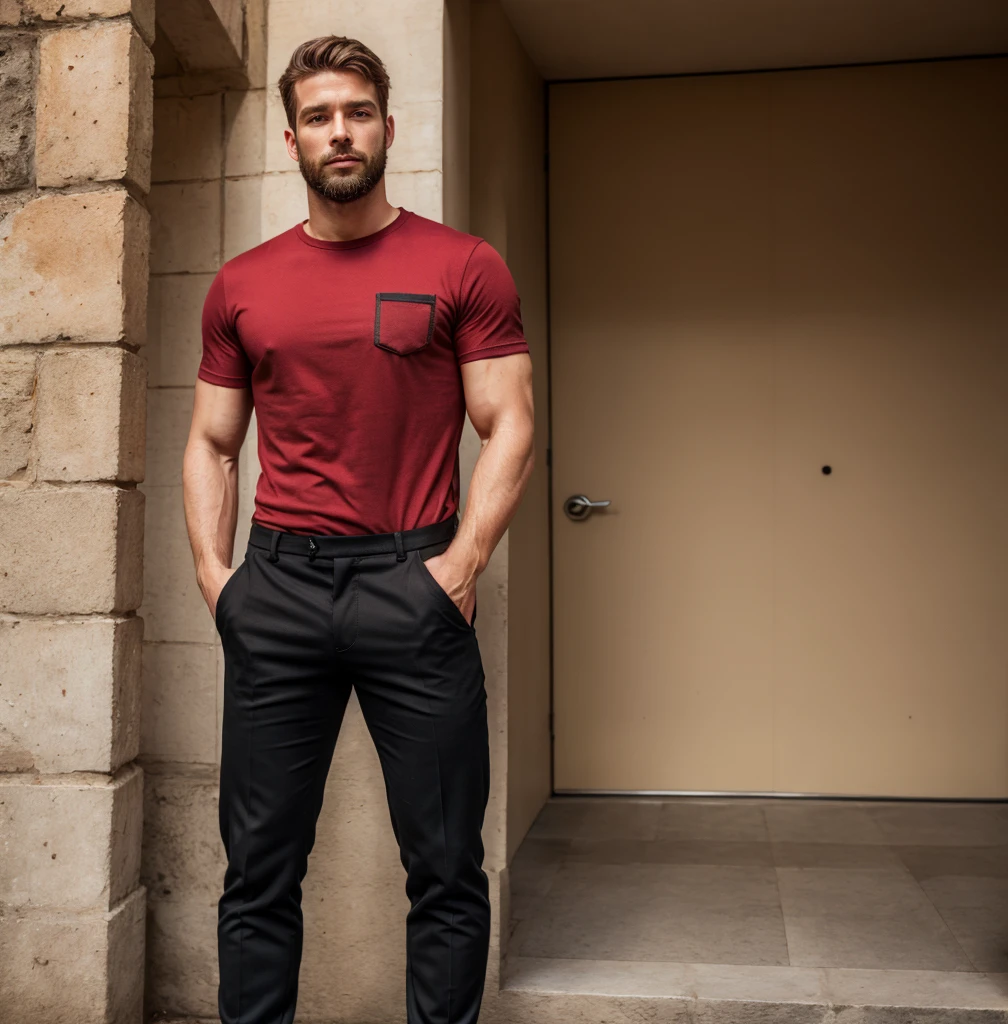 realistic photo of a alpha male man, virile mam, macho alpha male, caucasian white man, red t-shirt, black pants, a fireman, on street, sunshine, alpha fireman, alpha male, handsome, perfect face, short perfect beard,, military hair